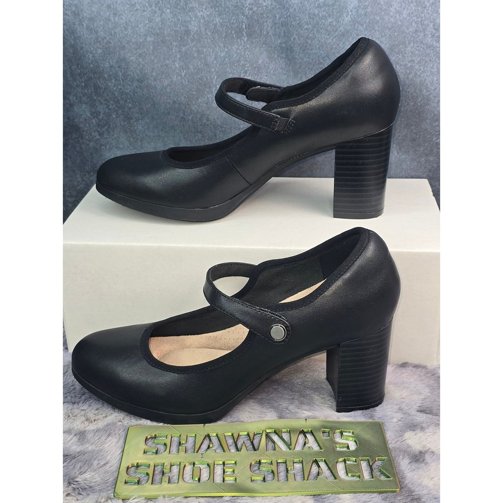 EUC Clarks Bayla Lily Mary Jane Pump Black Leather Block Heel Womens 7.5